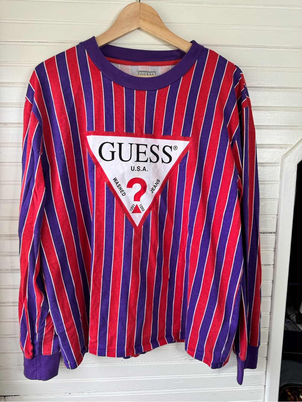 Guess Red and Purple Striped Logo Tee